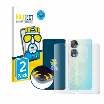 Face avant d’un emballage produit avec le logo de la marque BROTECT. À côté, l’appareil Honor 90 (Avant+Arrière) est représent