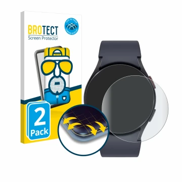 Face avant d’un emballage produit avec le logo de la marque BROTECT. À côté, l’appareil Samsung Galaxy Watch 6 (40 mm) est rep