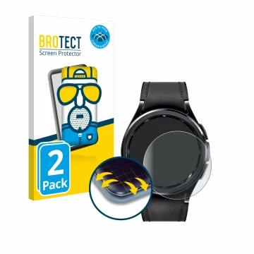 Face avant d’un emballage produit avec le logo de la marque BROTECT. À côté, l’appareil Samsung Galaxy Watch 6 Classic (47 mm)