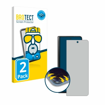Face avant d’un emballage produit avec le logo de la marque BROTECT. À côté, l’appareil Samsung Galaxy Z Fold 5 est représenté
