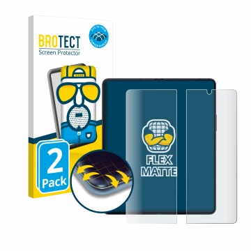 Face avant d’un emballage produit avec le logo de la marque BROTECT. À côté, l’appareil Samsung Galaxy Z Fold 5 (Affichage int