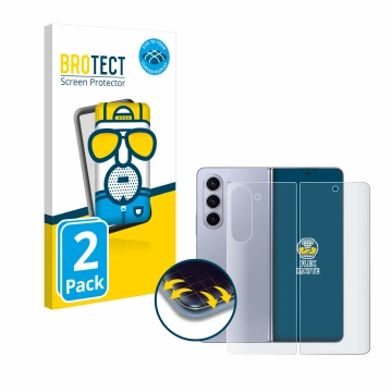 Face avant d’un emballage produit avec le logo de la marque BROTECT. À côté, l’appareil Samsung Galaxy Z Fold 5 (Avant+Arrière