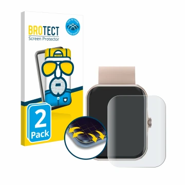 Face avant d’un emballage produit avec le logo de la marque BROTECT. À côté, l’appareil Mutoy Smartwatch 1.83