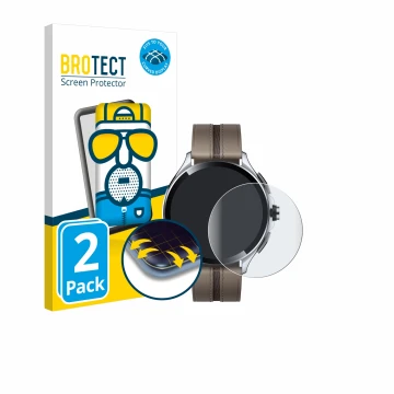 Face avant d’un emballage produit avec le logo de la marque BROTECT. À côté, l’appareil Xiaomi Watch 2 Pro est représenté avec