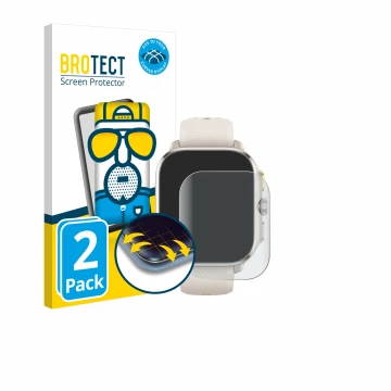 Face avant d’un emballage produit avec le logo de la marque BROTECT. À côté, l’appareil Huami Amazfit Cheetah (Square) est rep