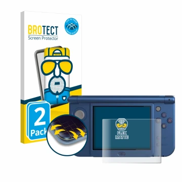 Face avant d’un emballage produit avec le logo de la marque BROTECT. À côté, l’appareil Nintendo New 3DS XL (Affichage inférie