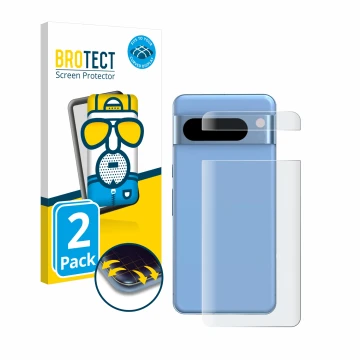 Face avant d’un emballage produit avec le logo de la marque BROTECT. À côté, l’appareil Google Pixel 8 Pro (Arrière) est repré