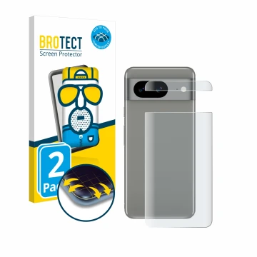 Face avant d’un emballage produit avec le logo de la marque BROTECT. À côté, l’appareil Google Pixel 8 (Arrière) est représent