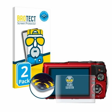 Face avant d’un emballage produit avec le logo de la marque BROTECT. À côté, l’appareil Olympus OM System Tough TG-7 est repré