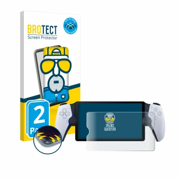 Face avant d’un emballage produit avec le logo de la marque BROTECT. À côté, l’appareil Sony Playstation Portal est représenté