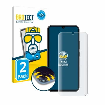 Face avant d’un emballage produit avec le logo de la marque BROTECT. À côté, l’appareil Samsung Galaxy A34 5G Enterprise Editi
