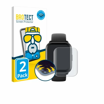 Face avant d’un emballage produit avec le logo de la marque BROTECT. À côté, l’appareil Amazfit Active est représenté avec la 