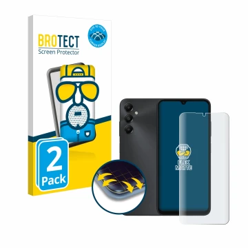 Face avant d’un emballage produit avec le logo de la marque BROTECT. À côté, l’appareil Samsung Galaxy A05s est représenté ave