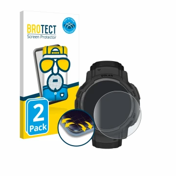 Face avant d’un emballage produit avec le logo de la marque BROTECT. À côté, l’appareil Garmin Instinct Crossover AMOLED est r