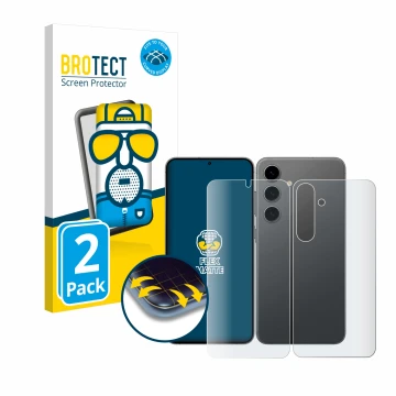 Face avant d’un emballage produit avec le logo de la marque BROTECT. À côté, l’appareil Samsung Galaxy S24 Plus (Avant+Arrière
