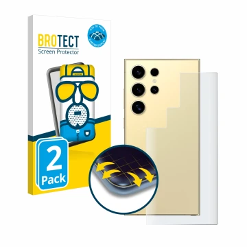 Face avant d’un emballage produit avec le logo de la marque BROTECT. À côté, l’appareil Samsung Galaxy S24 Ultra (Arrière) est