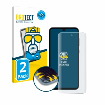 Face avant d’un emballage produit avec le logo de la marque BROTECT. À côté, l’appareil Samsung Galaxy A35 5G est représenté a