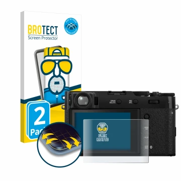 Face avant d’un emballage produit avec le logo de la marque BROTECT. À côté, l’appareil Fujifilm X100VI est représenté avec la