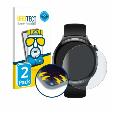 Face avant d’un emballage produit avec le logo de la marque BROTECT. À côté, l’appareil Huawei Watch 4 Active (46 mm) est repr
