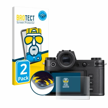 Face avant d’un emballage produit avec le logo de la marque BROTECT. À côté, l’appareil Leica SL3 est représenté avec la prote