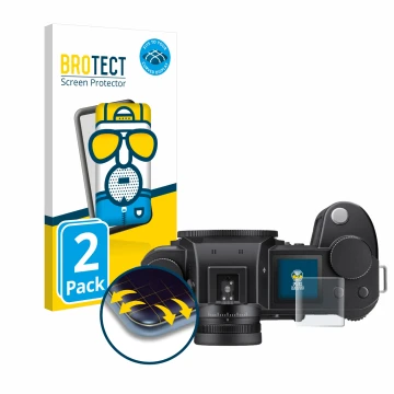 Face avant d’un emballage produit avec le logo de la marque BROTECT. À côté, l’appareil Leica SL3 (affichage des épaules) est 