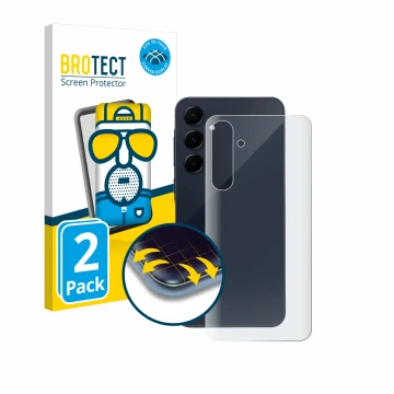 Face avant d’un emballage produit avec le logo de la marque BROTECT. À côté, l’appareil Samsung Galaxy A55 5G (Arrière) est re