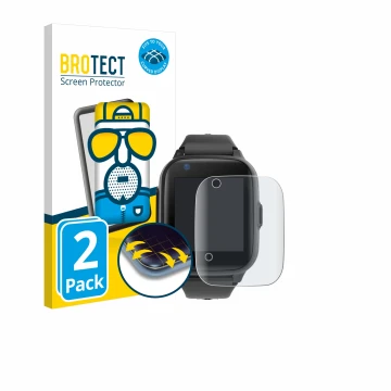 Face avant d’un emballage produit avec le logo de la marque BROTECT. À côté, l’appareil Leotec Kids Allo Plus 4G est représent