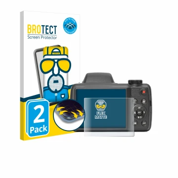 Face avant d’un emballage produit avec le logo de la marque BROTECT. À côté, l’appareil Kodak Pixpro AZ528 est représenté avec
