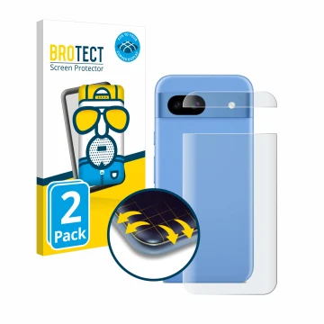 Face avant d’un emballage produit avec le logo de la marque BROTECT. À côté, l’appareil Google Pixel 8a (Arrière) est représen