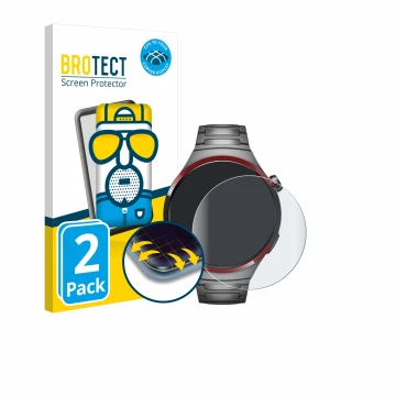 Face avant d’un emballage produit avec le logo de la marque BROTECT. À côté, l’appareil Huawei Watch 4 Pro Space Edition est r