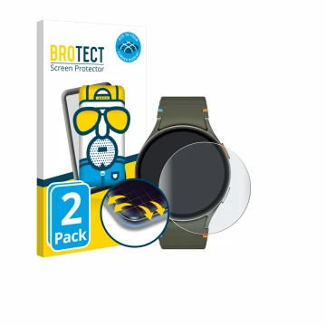 Face avant d’un emballage produit avec le logo de la marque BROTECT. À côté, l’appareil Samsung Galaxy Watch 7 (44 mm) est rep