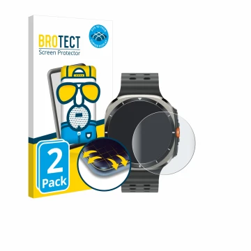 Face avant d’un emballage produit avec le logo de la marque BROTECT. À côté, l’appareil Samsung Galaxy Watch Ultra (47 mm) est