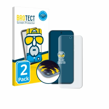 Face avant d’un emballage produit avec le logo de la marque BROTECT. À côté, l’appareil Google Pixel 9 est représenté avec la 