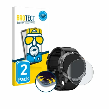 Face avant d’un emballage produit avec le logo de la marque BROTECT. À côté, l’appareil Sanorum Smartwatch 1.43