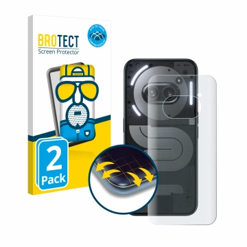 Face avant d’un emballage produit avec le logo de la marque BROTECT. À côté, l’appareil Nothing Phone (2a) Plus (Arrière) est 