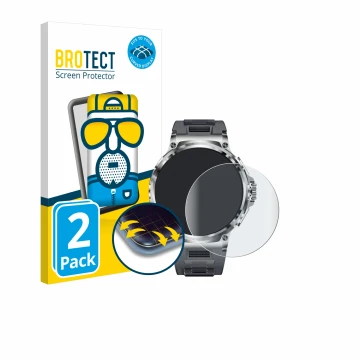 Face avant d’un emballage produit avec le logo de la marque BROTECT. À côté, l’appareil Smartwatch V69 1.85