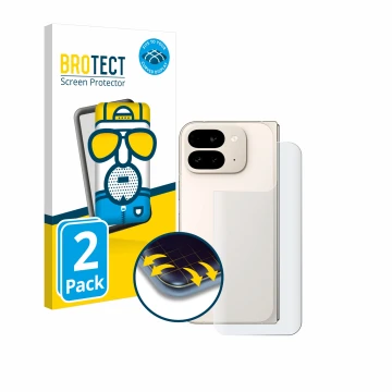 Face avant d’un emballage produit avec le logo de la marque BROTECT. À côté, l’appareil Google Pixel 9 Pro Fold (Arrière) est 