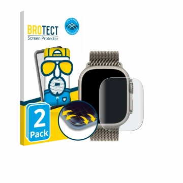 Face avant d’un emballage produit avec le logo de la marque BROTECT. À côté, l’appareil Apple Watch Ultra 3 est représenté ave