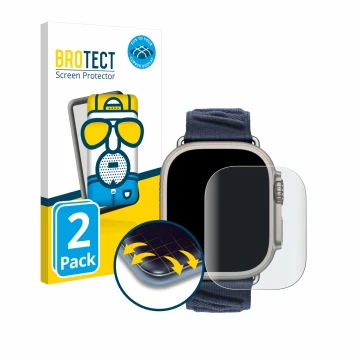 Face avant d’un emballage produit avec le logo de la marque BROTECT. À côté, l’appareil Apple Watch Hermès Ultra 2 est représe