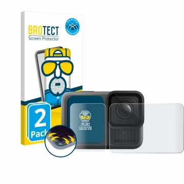 Face avant d’un emballage produit avec le logo de la marque BROTECT. À côté, l’appareil GoPro Hero 13 Black est représenté ave