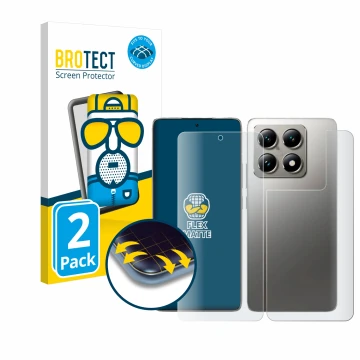 Face avant d’un emballage produit avec le logo de la marque BROTECT. À côté, l’appareil Xiaomi 14T Pro (Avant+Arrière) est rep