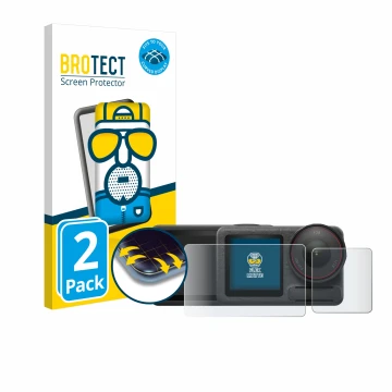 Face avant d’un emballage produit avec le logo de la marque BROTECT. À côté, l’appareil DJI Osmo Action 5 Pro est représenté a