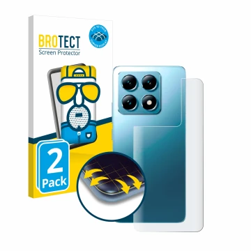 Face avant d’un emballage produit avec le logo de la marque BROTECT. À côté, l’appareil Xiaomi 14T (Arrière) est représenté av