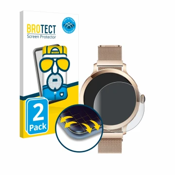 Face avant d’un emballage produit avec le logo de la marque BROTECT. À côté, l’appareil Bekomiya Smartwatch 1.1