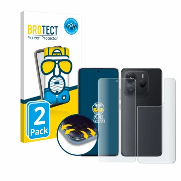 Face avant d’un emballage produit avec le logo de la marque BROTECT. À côté, l’appareil Xiaomi Redmi Note 14 (Avant+Arrière) e