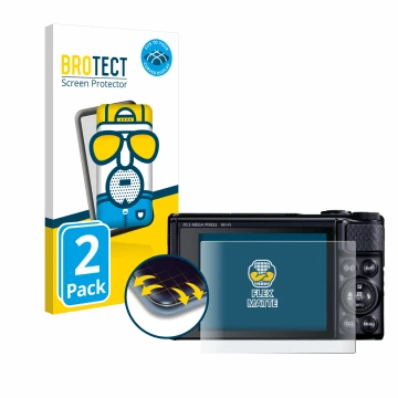 Face avant d’un emballage produit avec le logo de la marque BROTECT. À côté, l’appareil Canon PowerShot SX740 HS Lite est repr