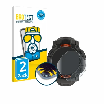 Face avant d’un emballage produit avec le logo de la marque BROTECT. À côté, l’appareil Garmin Instinct 3 Solar (50 mm) est re