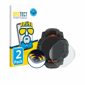 Face avant d’un emballage produit avec le logo de la marque BROTECT. À côté, l’appareil Garmin Instinct 3 Solar (45 mm) est re