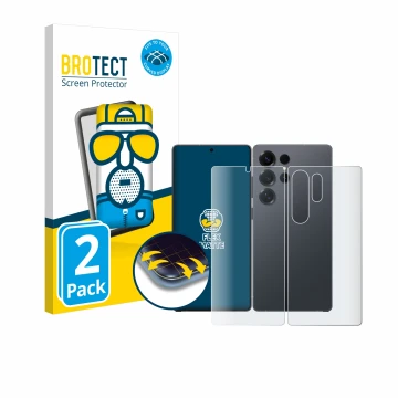 Face avant d’un emballage produit avec le logo de la marque BROTECT. À côté, l’appareil Samsung Galaxy S25 Ultra (Avant+Arrièr