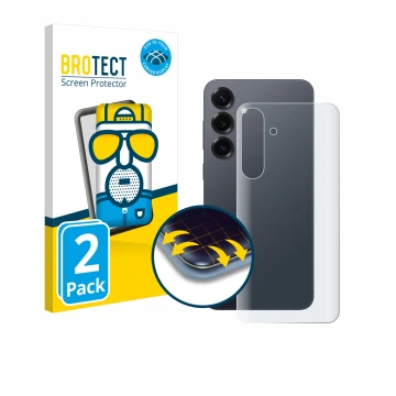 Face avant d’un emballage produit avec le logo de la marque BROTECT. À côté, l’appareil Samsung Galaxy S25 Plus (Arrière) est 